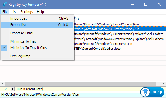 Registry key jumper file menu